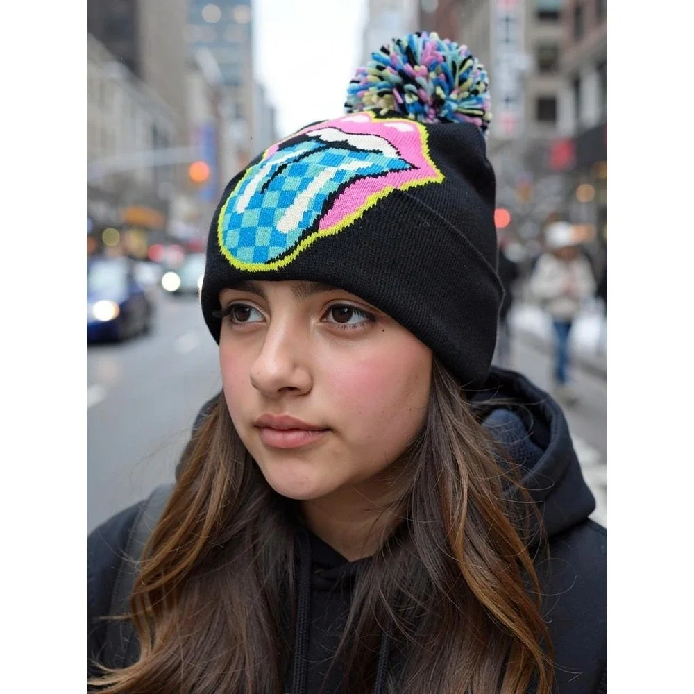 Rolling Stones Pom Beanie Winter Hat, ‎ Classic Checkered Tongue Logo NWT